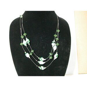 Green & White Glass Bead Multi-Strand Necklace With Adjustable Silver Lobster Cl
